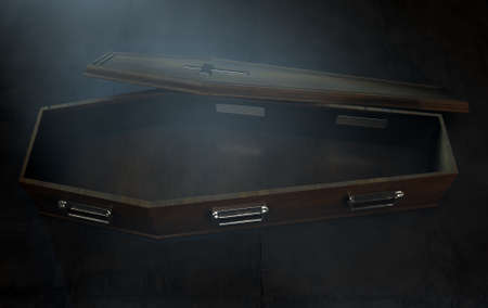A slightly open empty wooden coffin with a metal crucifix and handles on a dark ominous background - 3D Renderの写真素材
