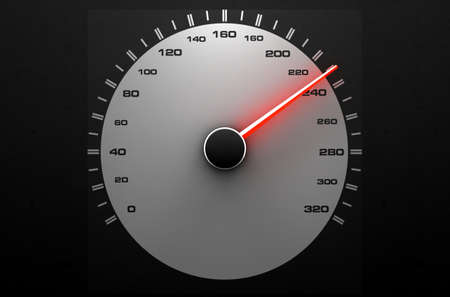 A sporty speedometer with a glowing orange needle pointing towards a high speed on an isolated black background - 3D renderの写真素材