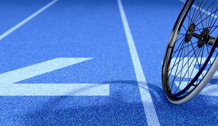 An empty modified wheelchair used by handicapped athletes to compete in various sporting codes on a blue marked athletics track background - 3D renderの写真素材