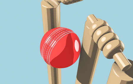 A red leather cricket ball hitting wooden cricket wickets on a blue sky background - 3D renderの写真素材