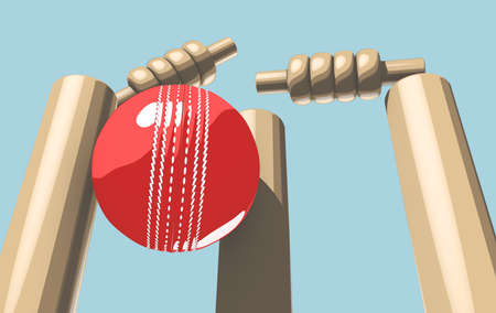 A red leather cricket ball hitting wooden cricket wickets on a blue sky background - 3D render