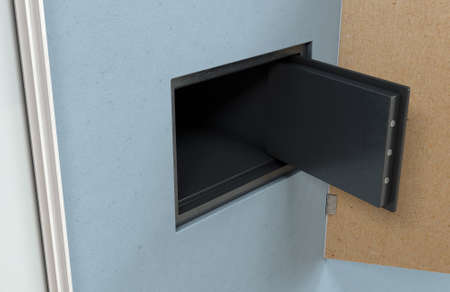 An open hidden wall safe revealed behind a hanging framed picture on a flat blue wall in a house with shiny wooden floors - 3D renderの写真素材