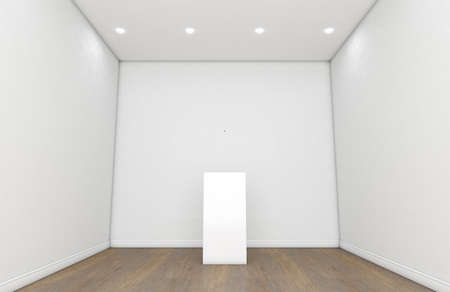 A gallery room interior with white walls and wooden floors and an empty display podium or plinth at...