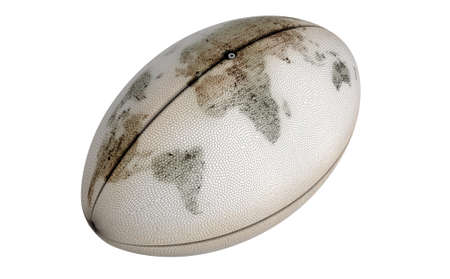 A plain white textured rugby ball with dirt on it depicting a world map on a isolated white background - 3D renderの写真素材