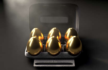 A collection of six golden eggs in a regular cardboard egg carton on an isolated dark background -...