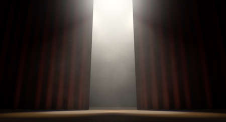 A stage with open curtains lit by spotlights on a dark background - 3D renderの写真素材