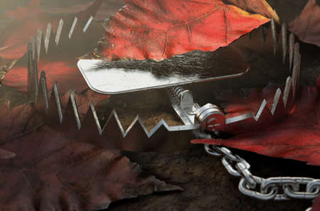 An open metal animal hidden under a pile of autumn leaves on the ground - 3D render