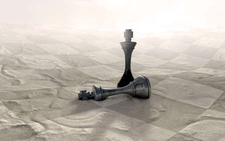 Two weathered chess kings finish a game on a checkered desert like terrain with the black king...