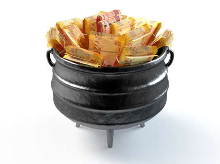 A regular cast iron potjie and lid stuffed full with wads of south african rand currency on an...