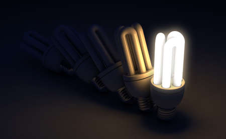 A row of toppling fluorescent light bulbs in sequence with a single one illuminated - 3D render