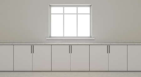 A closeup view of an empty kitchen countertop facing a window looking outwards In the morning - 3D renderの写真素材