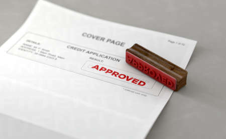 A wooden stamp with embossed text stamping the word approved on a credit application form - 3D...