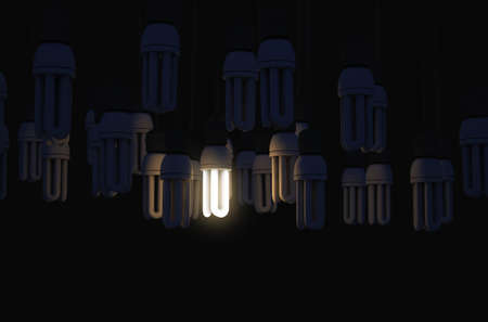 A collection of hanging fluorescent light bulbs with a single one illuminated - 3D render