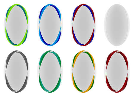 A collection of various white textured rugby balls with a range of colored design elements printed on them on a isolated white background - 3D renderの写真素材