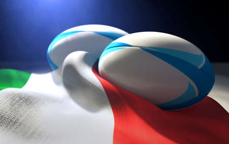 Two regular rugby balls with color design elements resting on a draped italy flag on an isolated dark studio background - 3D renderの写真素材