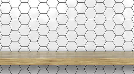 A front view of a regular cleared wooden shelf or surface on a wall tiled with hexagonal white ceramics - 3D renderの写真素材