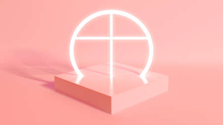 A rectangular cube base holding an illuminated neon white crucifix on an isolated salmon pink studio environment - 3D renderの写真素材