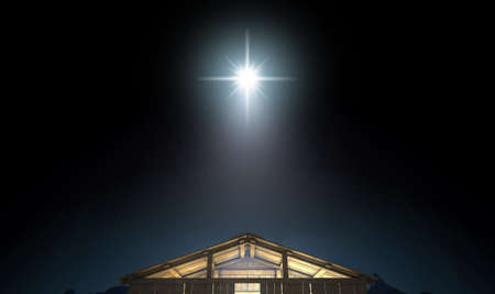 A depiction of the nativity scene of christs birth in bethlehem with the isolated stable being lit...