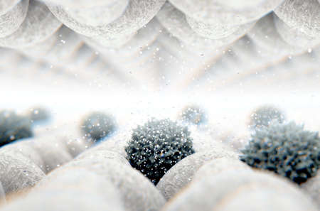 A microscopic close up view between layers of simple woven textile and a visible germ particle  - 3D...