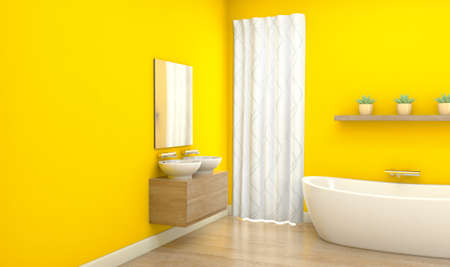 An interior of a bathroom with yellow walls a modern bath tub and wooden reflective floors - 3D renderの写真素材