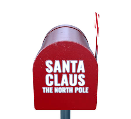 A christmas concept depicting a shut red retro mailbox belonging to santa clause with a striped candy cane flag on an isolated white background - 3D renderの写真素材