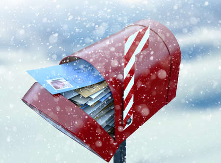 A christmas concept depicting a red retro mailbox belonging to santa clause crammed full of childrens wish list letters to him on a snowy cold background - 3D renderの写真素材