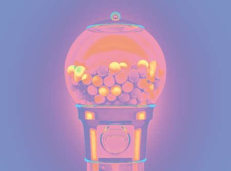 A vintage gumball dispensing machine filled with multicolored gumballs in a pastel pink and purple...