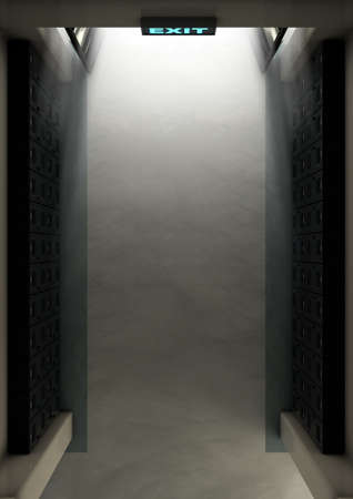 A direct top view of a dimly lit hallway of school lockers towards an open entrance or exit door -...