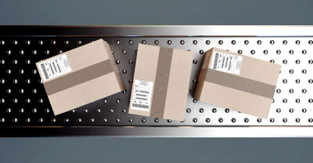 A regular roller ball conveyor system transporting good packaged in generically tracked cardboard...