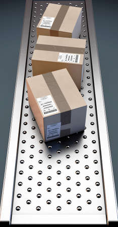 A regular roller ball conveyor system transporting good packaged in generically tracked cardboard...