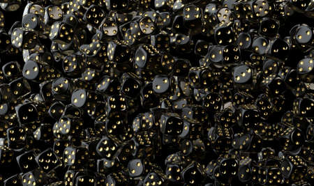 An array of reflective black casino dice with gold markings floating in the air on a dark classy...