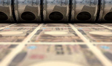 A concept image showing a sheet of Japanese Yen notes going through a print roller in its final...