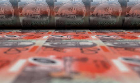 A concept image showing a sheet of Australian dollar notes going through a roller in its final phase of a print run - 3D renderの写真素材