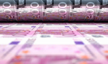 A concept image showing a sheet of European euro notes going through a roller in its final phase of...