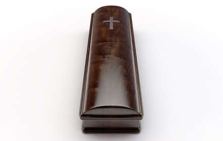A dark modern wooden coffin with a chrome handles and a crucifix on an isolated white studio background - 3D Renderの写真素材