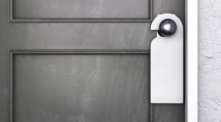 A closed black hotel room door with a blank white sign hanging in the handle saying - 3D renderの写真素材