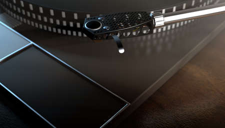 A vintage unbranded turntable record player on a moody backlit dark background - 3D render