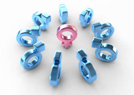 A pink metallic female symbol surrounded by and attracting male symbols all pointing towards it on a white studio background - 3D renderの写真素材