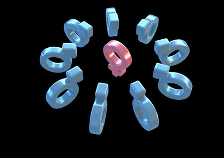 A pink female symbol surrounded by and attracting male symbols all pointing towards it on a dark...