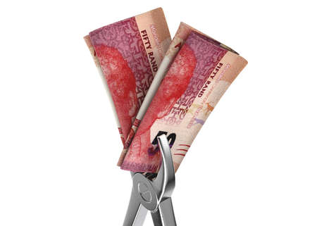 A pair of medical pliers gripping a rolled up pair of south african rand bank notes on an isolated...