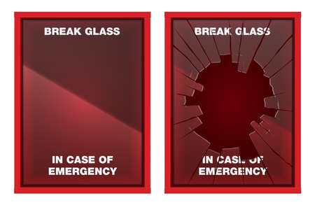 A vector illustration of an empty red emergency box with an in case of emergency breakable glass on the front - fixed and brokenの写真素材