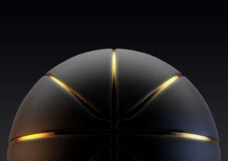 A concept of a black basketball with gold trim on an isolated black studio background - 3D render