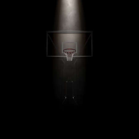 A concept showing a regular basketball hoop dramatically spotlit from above on an isolated dark background - 3D renderの写真素材