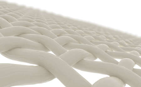 A microscopic close up view of strands of a simple woven textile on a white background - 3D render