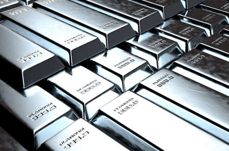 A stack of solid platinum ingots on an isolated dark background - 3D renderの写真素材