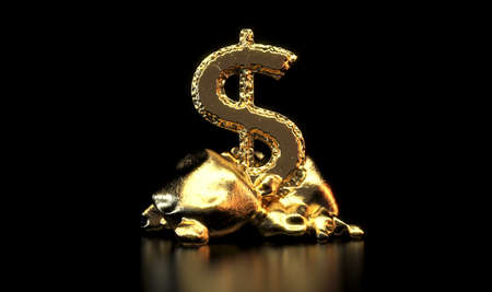 A lump of gold chiselled out to form a dollar shape propped up by a stand of rough rocks on an isolated dark background - 3D renderの写真素材