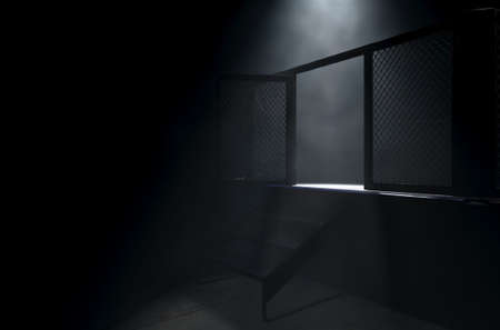 A spotlighting highlighting the door of a MMA fight cage arena dressed in black padding on a dark background - 3D renderの写真素材