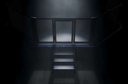A spotlighting highlighting the door of a MMA fight cage arena dressed in black padding on a dark background - 3D renderの写真素材