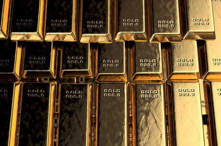 A stack of solid gold ingots on an isolated dark background - 3D renderの写真素材