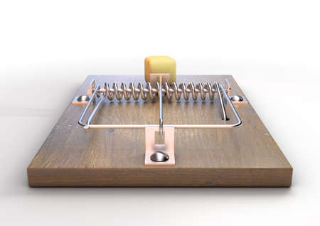 A regular wood and metal mousetrap baited with a block of cheese on a white isolated studio background - 3D renderの写真素材